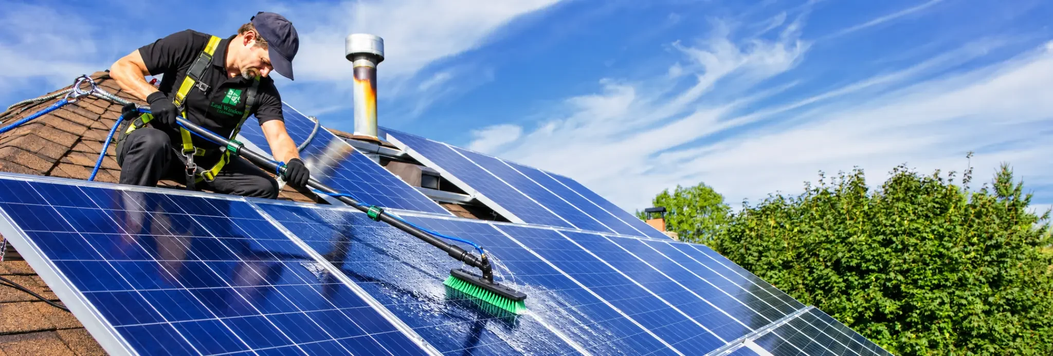 Leal Window Cleaning technician using a water-fed brush to clean rooftop solar panels in the San Francisco Bay Area