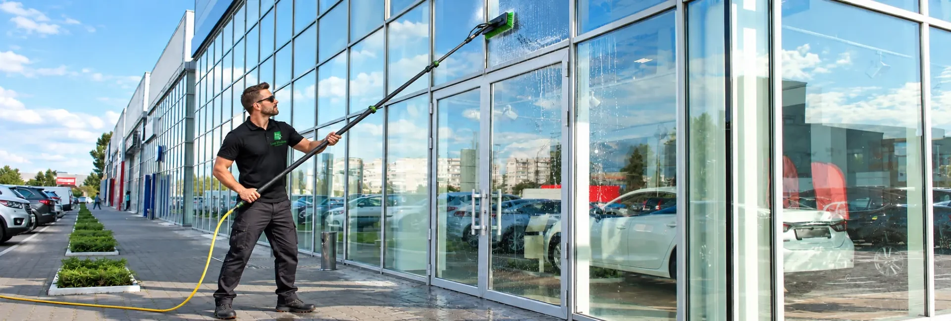 Leal Window Cleaning technician using a water-fed pole complete system to clean exterior windows on a commercial building.